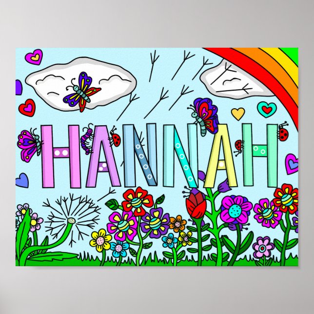 Affiche Fleurs Whimsical et nom de la fille Hannah Wall Ar (Devant)
