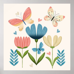 Affiche Fleurs Whimsical et papillons