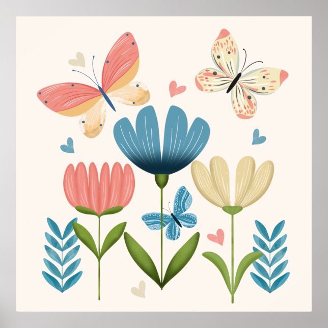 Affiche Fleurs Whimsical et papillons (Devant)
