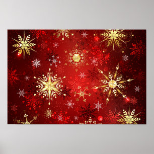 Affiche Flocons de neige dorés de Noël sur fond rouge