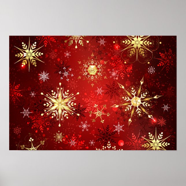 Affiche Flocons de neige dorés de Noël sur fond rouge (Devant)