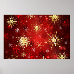 Affiche Flocons de neige dorés de Noël sur fond rouge