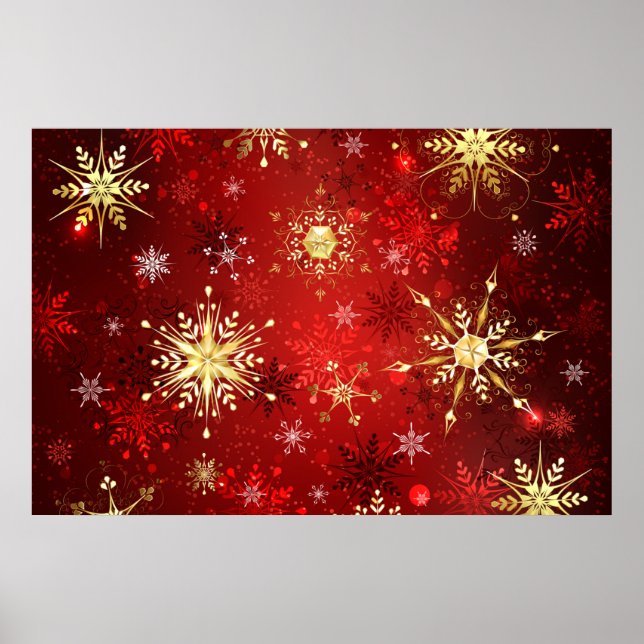 Affiche Flocons de neige dorés de Noël sur fond rouge (Devant)