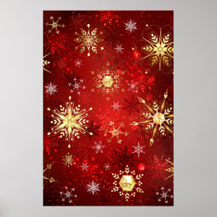 Affiche Flocons de neige dorés de Noël sur fond rouge