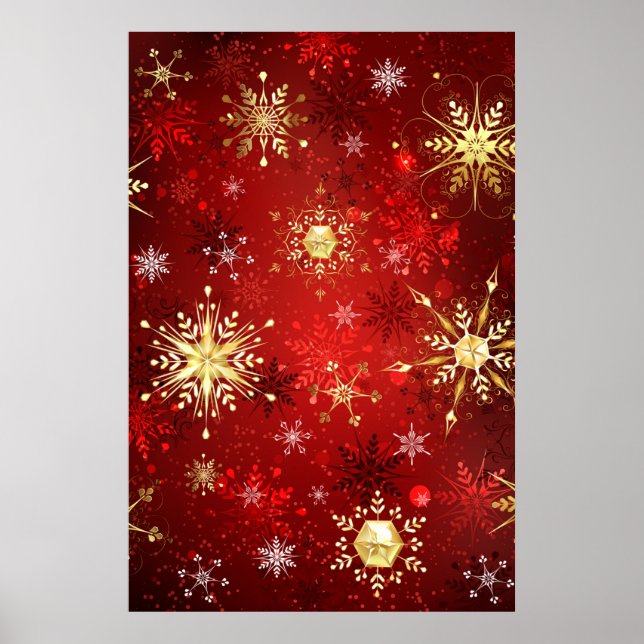 Affiche Flocons de neige dorés de Noël sur fond rouge (Devant)