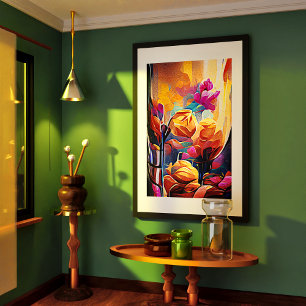 Affiche Floral Abstract Art Orange Red Blue Flowers
