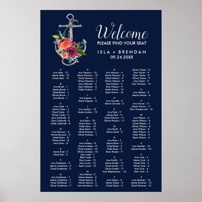 Affiche Floral Anchor Navy Autumn Alphabetical Table Plan (Devant)