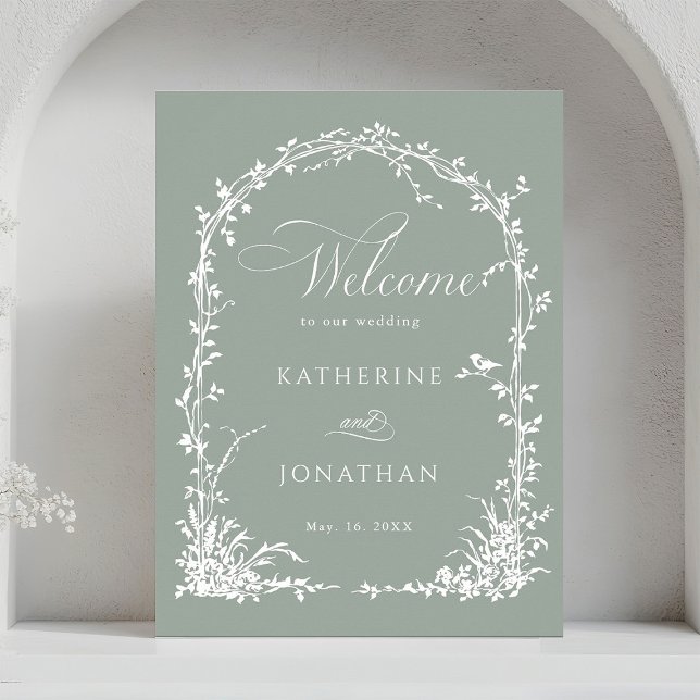 Affiche Floral Arch Garden Wedding Sage Green Welcome  (Créateur téléchargé)