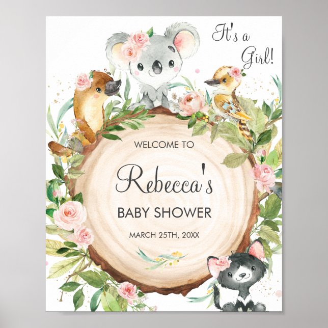Affiche Floral Australian Animaux Baby shower Bienvenue (Devant)