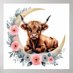 Affiche Floral Baby Highland Cow Nursery Imprimer