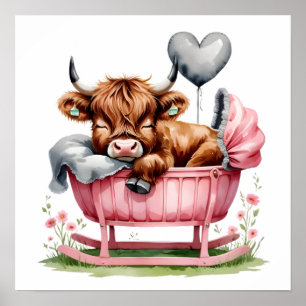 Affiche Floral Baby Highland Cow Nursery Imprimer