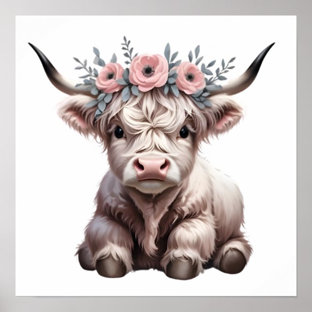 Affiche Floral Baby Highland Cow Nursery Imprimer (Devant)