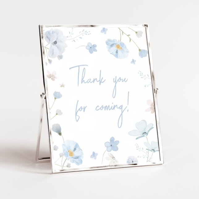 Affiche Floral Bébé bleu en Merci fleuri pour venir (Blue Spring Floral Baby in Bloom Baby Shower Thank you for Coming Sign)