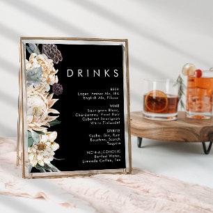 Affiche Floral blanc   Panneau boisson Mariage noire