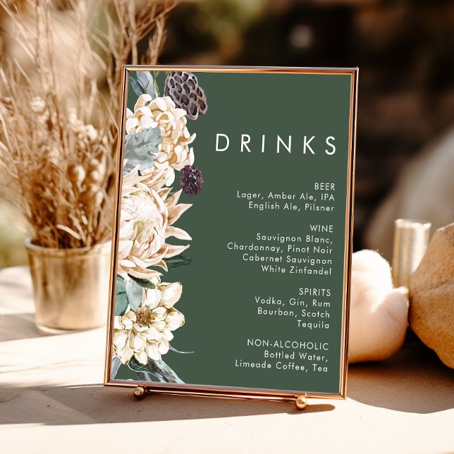 Affiche Floral blanc | Panneau boisson Mariage vert foncé (Créateur téléchargé)