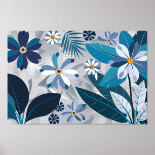 Affiche Floral bleu et blanc moderne avec Feuilles géométr