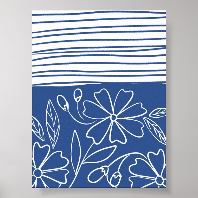 Affiche Floral bleu et rayé - Boho Botanique moderne (Devant)