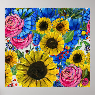 Affiche Floral bleu jaune rose sans joint
