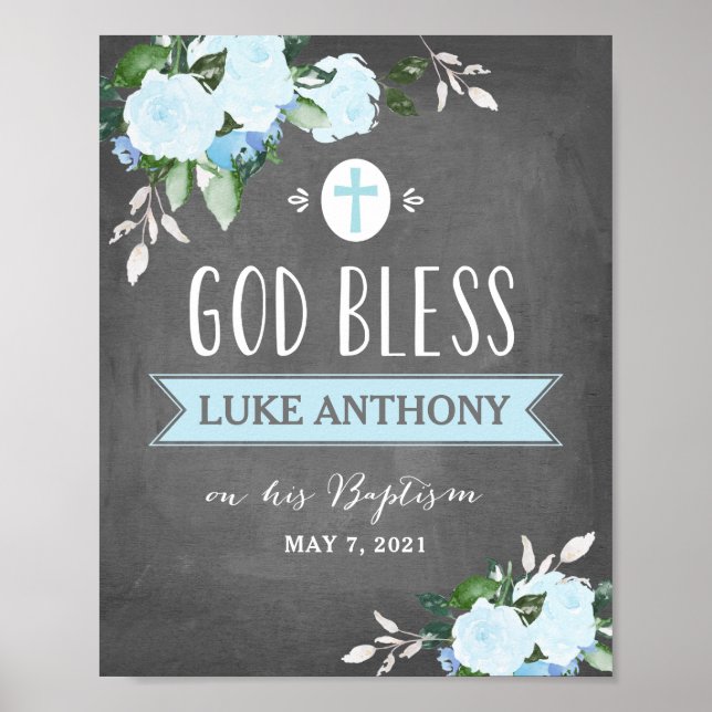 Affiche Floral Blooms God Bless Baptism Sign Chalk Blue (Devant)