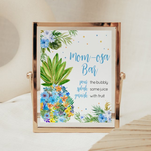 Affiche Floral Blue Ananas Baby shower Maman Osa Bar (Blue Gold Pineapple Baby Shower Mom Osa Bar Sign)