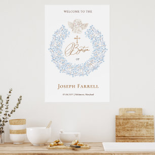 Affiche Floral Blue Baby Angel Croix Baptême