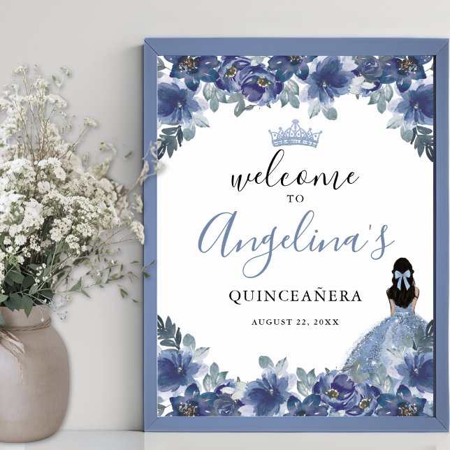 Affiche Floral Blue Quinceanera Welcome Sign (Floral Blue Quinceanera Welcome Sign)
