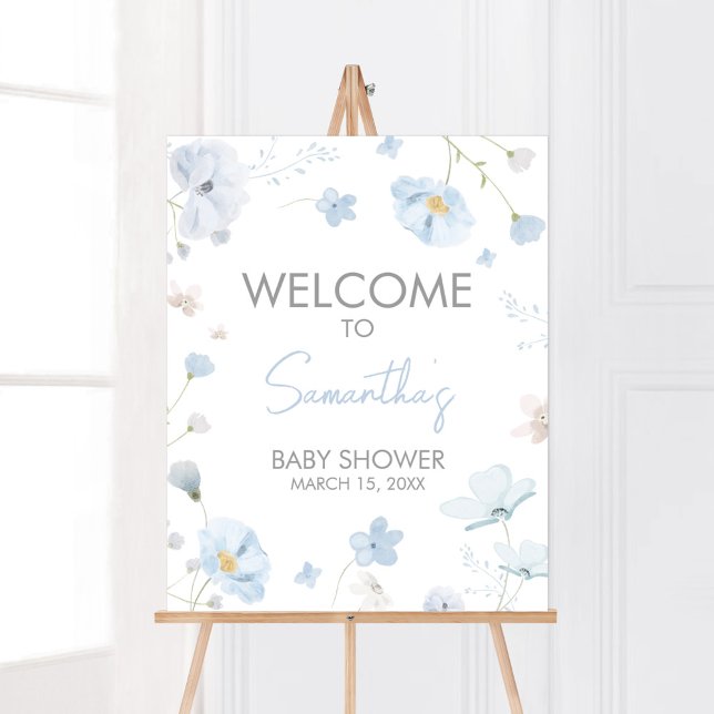 Affiche Floral Blue Spring Baby in Bloom Bienvenue (Blue Spring Floral Baby in Bloom Baby Shower Welcome Sign)