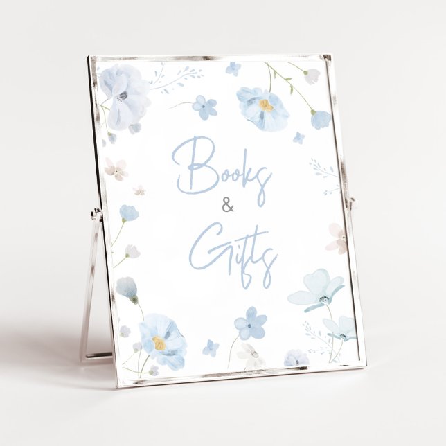 Affiche Floral Blue Spring Baby in Bloom Livres et Cadeaux (Blue Spring Floral Baby in Bloom Baby Shower Books and Gifts Sign)
