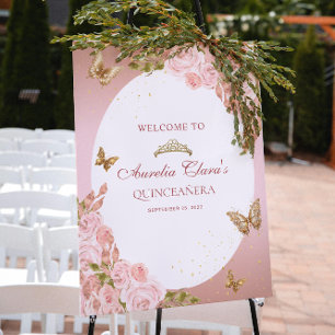 Affiche Floral Blush Rose Or Tiara Butterfly Quinceañera