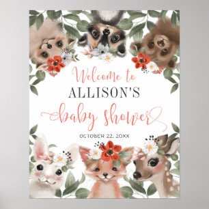 Affiche Floral Bois animaux baby shower signe de bienvenue