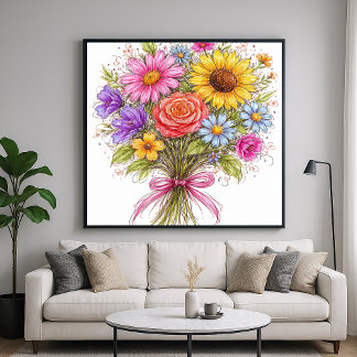 Affiche Floral Bouquet - Scribbled Style Art