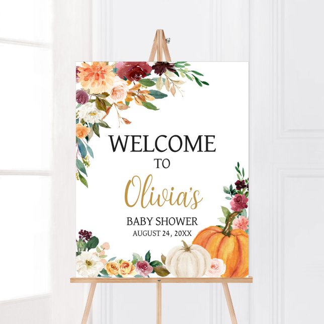 Affiche Floral Bourgogne Baby shower Citrouille Bienvenue (Pumpkin Baby Shower Welcome Sign)
