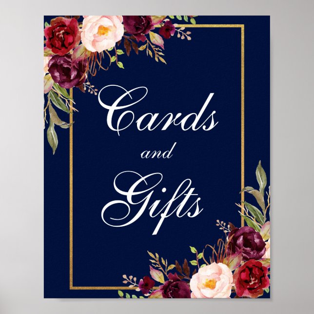Affiche Floral Bourgogne Bleu Gold Cartes de mariage Cadea (Devant)