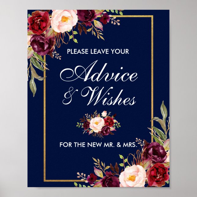 Affiche Floral Bourgogne Bleu Or Mariage Conseils (Devant)