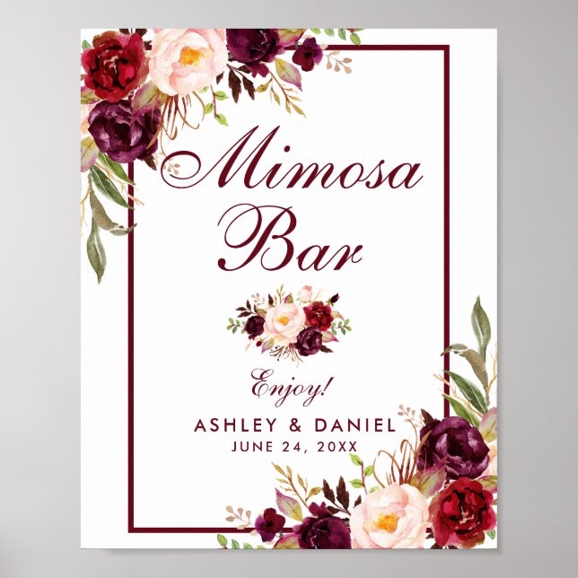 Affiche Floral Bourgogne Mariage Mimosa Bar (Devant)