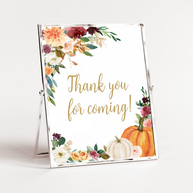 Affiche Floral Bourgogne Merci Citrouille pour venir (Pumpkin Baby Shower Thank you for Coming Sign)