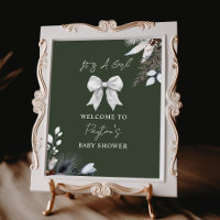 Floral Bow Winter Green Girl Baby shower Bienvenue