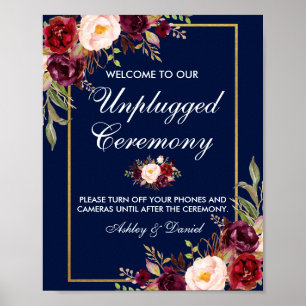 Affiche Floral Burgundy Bleu Cérémonie Mariage débranché