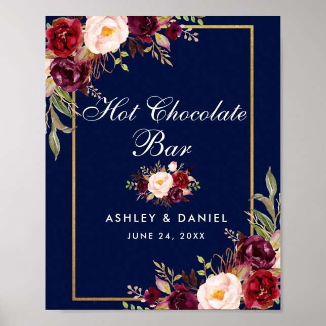 Affiche Floral Burgundy Blue Mariage Hot Chocolat Bar (Devant)