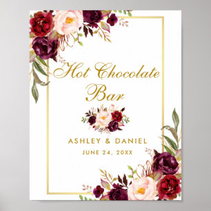Affiche Floral Burgundy Gold Mariage Hot Chocolat Bar