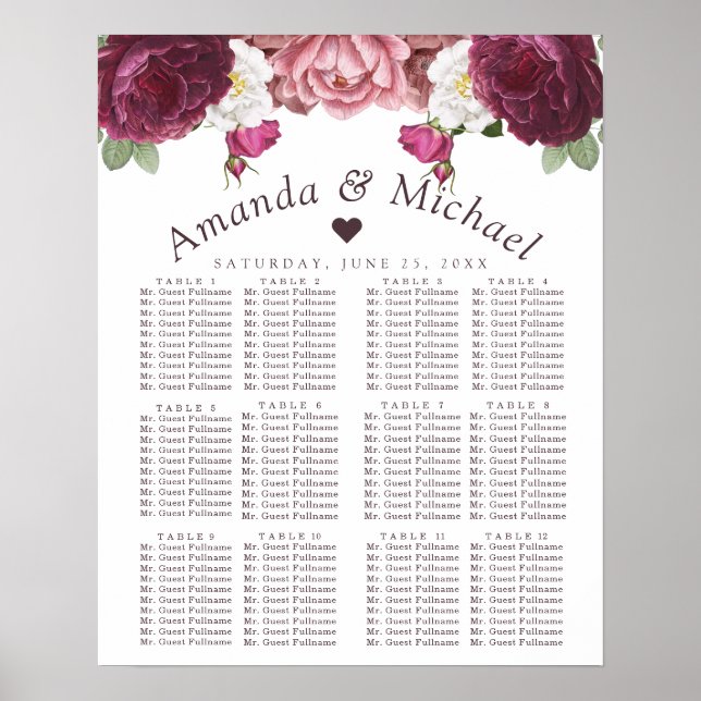 Affiche Floral Burgundy Wedding Seating Chart (Devant)