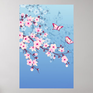 Affiche Floral Cherry Blossoms Pink Blue