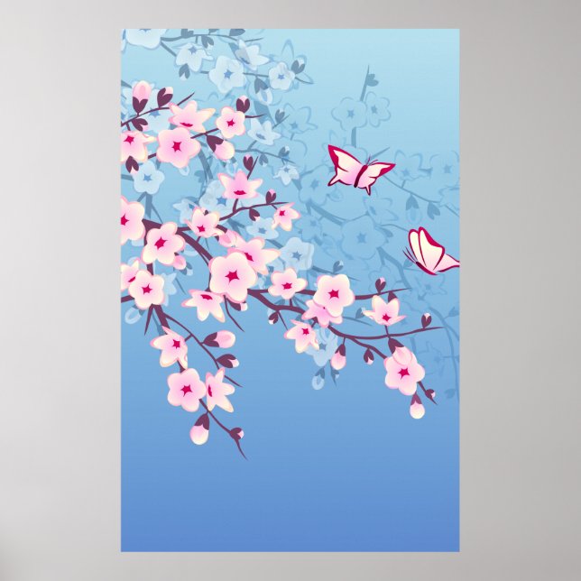 Affiche Floral Cherry Blossoms Pink Blue (Devant)