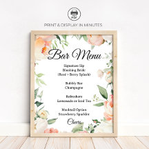 Floral Cocktail Bar Menu Bridal Shower Sign