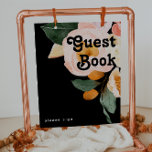 Affiche Floral coloré gras | Black Guest Book Sign<br><div class="desc">Cette florale colorée audacieuse | black guest book signe ira merveilleusement avec votre mariage botanique moderne et lumineux. Les grandes aquarelles rose vif, orange brûlé, les fleurs roses poussiéreuses et les aperçus de pêches ou d'abricot dans la verdure donnent à ce design une atmosphère boho chic et vibrante. Le design...</div>