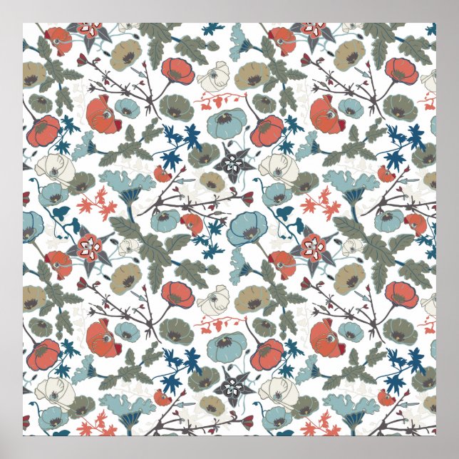 Affiche Floral coloré Joyeux Bleu Orange Vert (Devant)