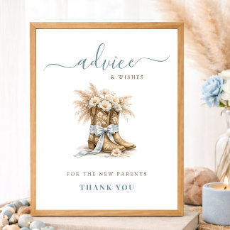 Affiche Floral Cowboy Boots & Bows Boy Baby Shower Advice