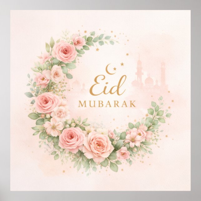 Affiche Floral Crescent Eid Mubarak Wall Art – Soft Pink & (Devant)