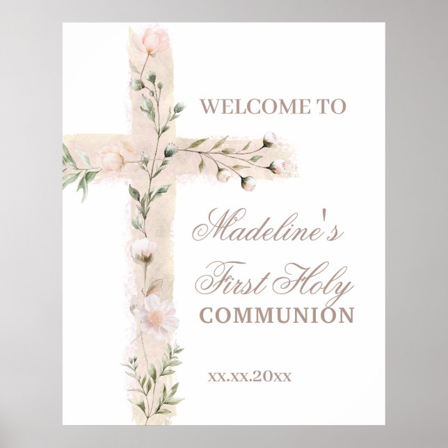 Affiche floral cross First Communion welcome sign (Devant)