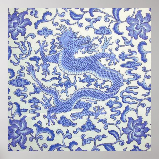 Affiche Floral de dragon oriental chinois bleu et blanc (Devant)